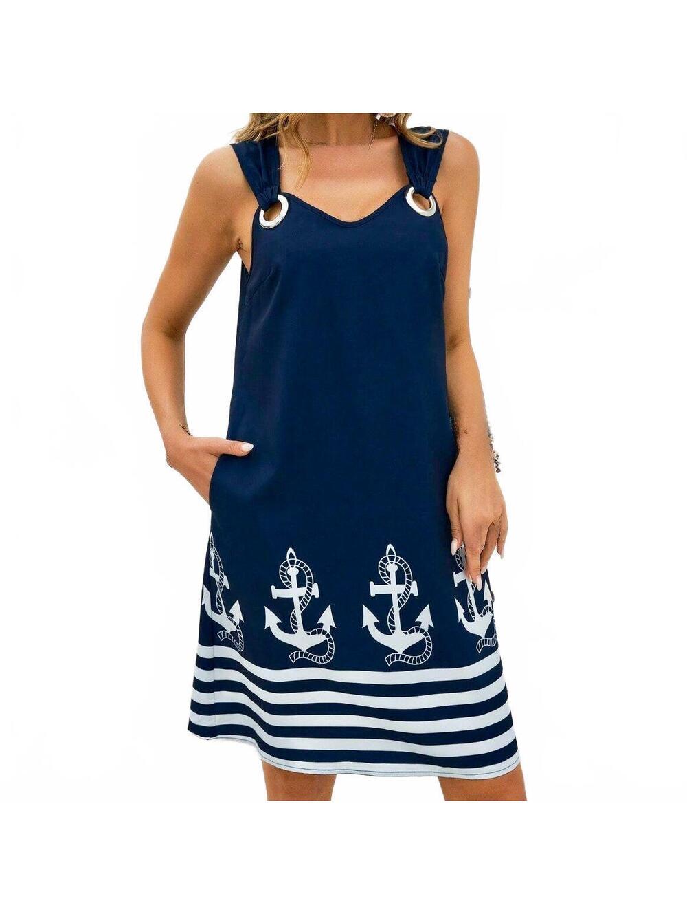 Emery Rose Navy Nautical Anchor Striped Mini Dress Size M